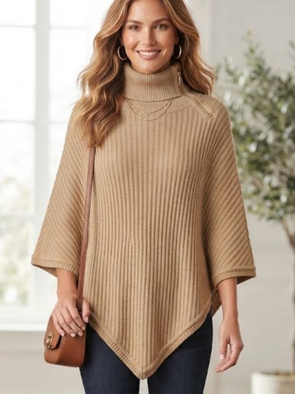 MICHAEL Michael Kors Camel Ribbed Poncho Sweater | Turtleneck Cape | Cozy Luxe